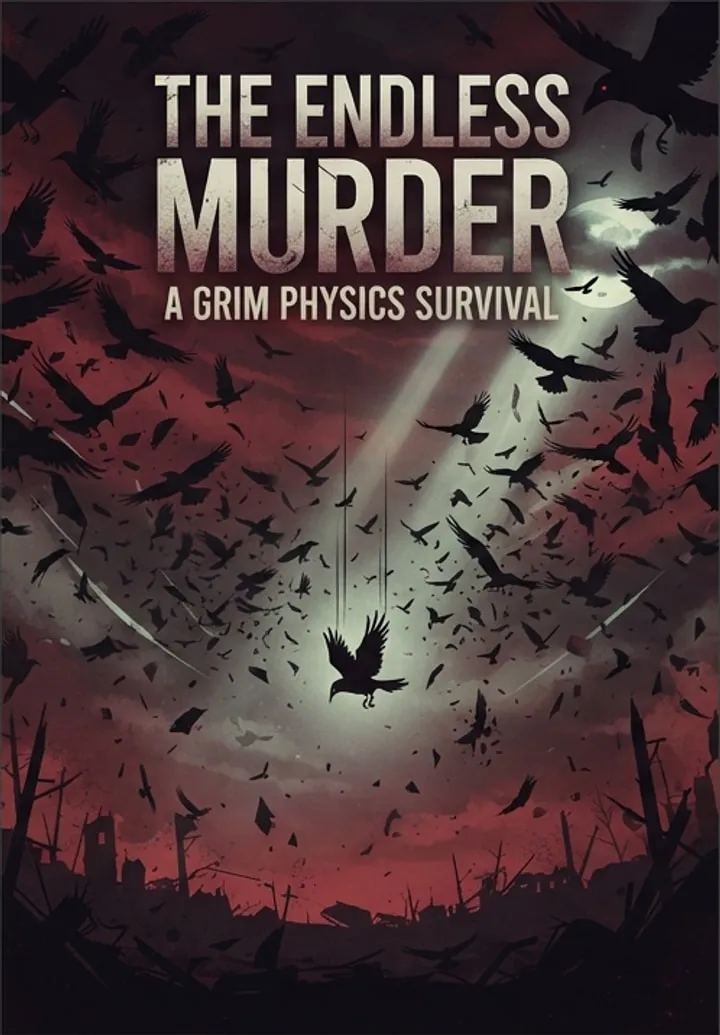 Key art for The Endless Murder: a lone crow lit from above in a swirling storm of hundreds of birds, over a red sky and a ruined skyline