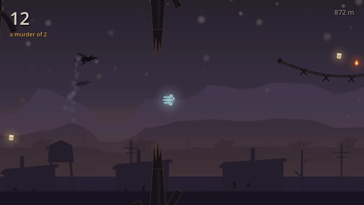 The Endless Murder — a crow leading a small flock over an abandoned settlement at dusk